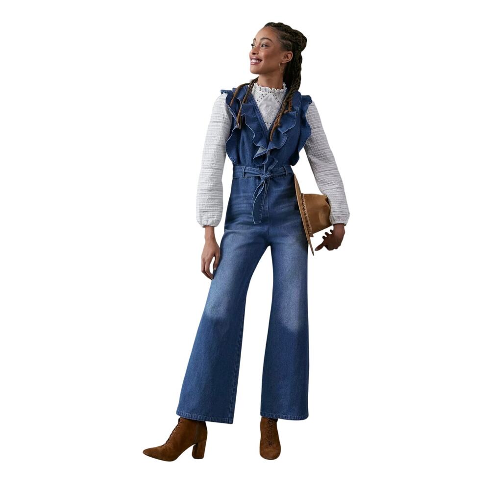 Mare Mare Anthropologie Alena Ruffle Denim Wide Leg Jumpsuit Belted Size S